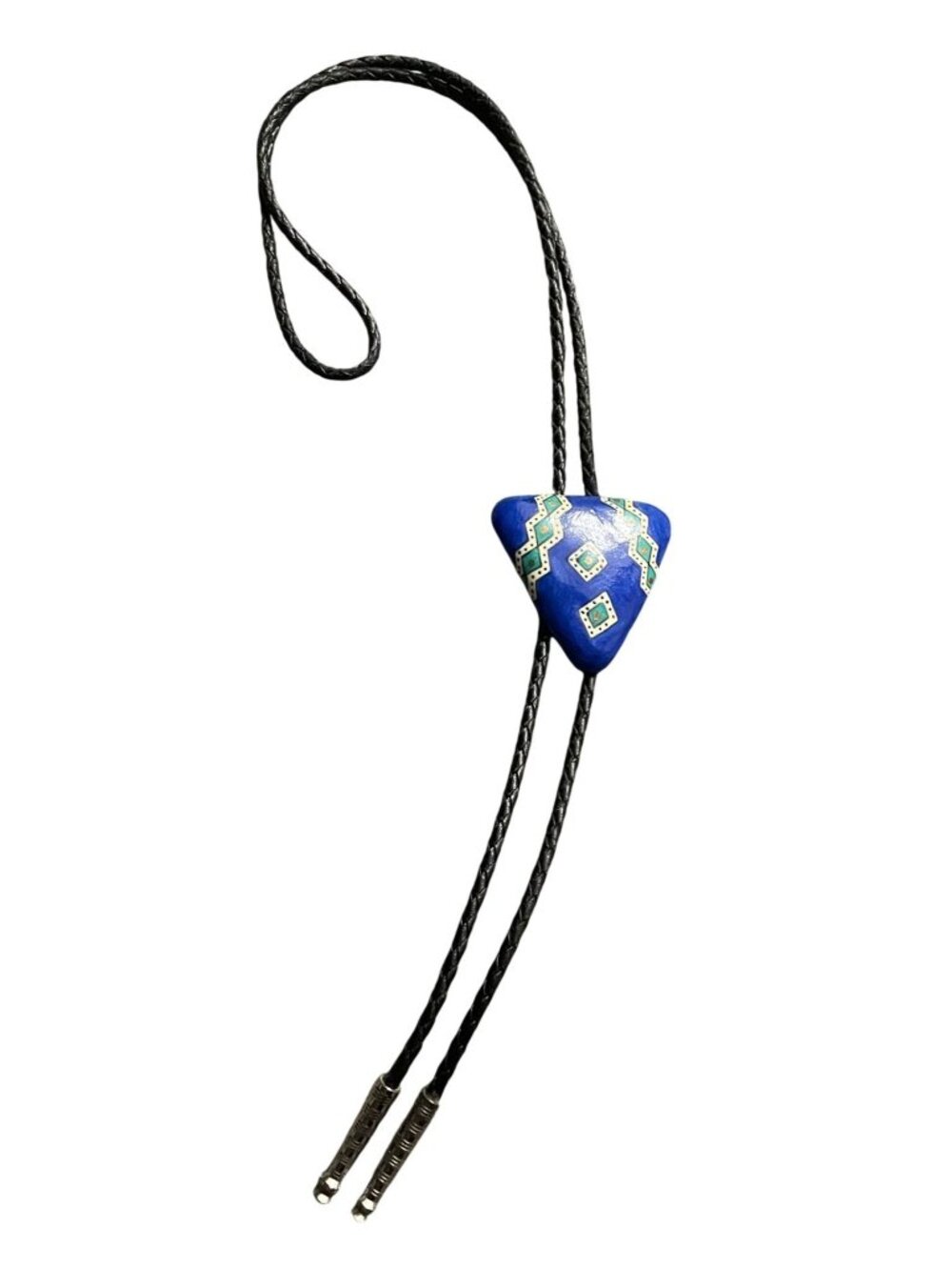 Vintage Hand-Painted Blue Bolo Tie With Geometric Design & Braided Cord Necklace